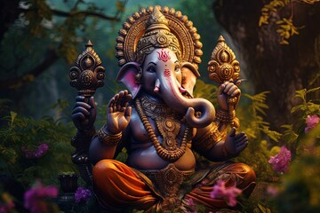 Hindu God Ganesha with flowers - obrazy, fototapety, plakaty