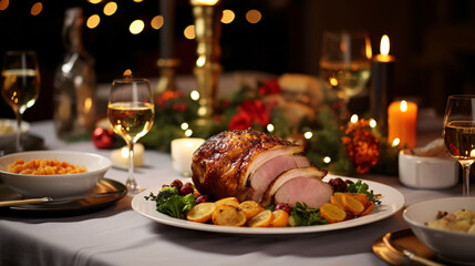 Christmas Dinner tabletop, beautifully decorated with creamy bokeh christmas lights in the background 