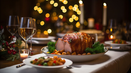 Christmas Dinner tabletop, beautifully decorated with creamy bokeh christmas lights in the background  - obrazy, fototapety, plakaty