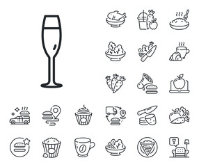 Wine glass sign. Crepe, sweet popcorn and salad outline icons. Champagne glass line icon. Champagne glass line sign. Pasta spaghetti, fresh juice icon. Supply chain. Vector
