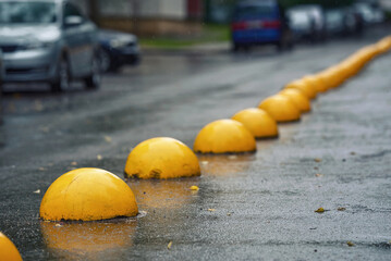 Round concrete yellow anti parking bollards. Concrete anti-parking bollards. Yellow hemispheres...