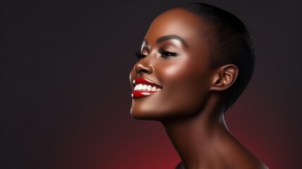Beauty photo of the face of a young African American woman with perfect skin and white teeth....