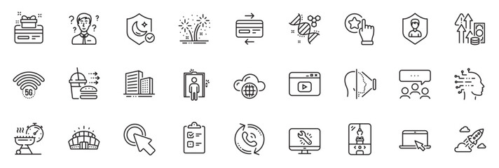 Icons pack as 5g wifi, Face id and Inflation line icons for app include Security agency, Meeting, Rate button outline thin icon web set. Support consultant, Fireworks, Call center pictogram. Vector