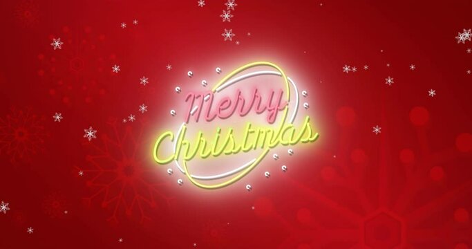 Animation of merry christmas text illuminating and snowflakes moving on red background
