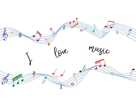 Music notes wave color vector isolated on white background. I love music. Colorful musical note wave illustration.