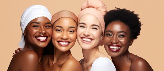 A diverse model in a studio with friends using cosmetics and skincare products for cleaning and facial care wearing sunscreen or essential oil on her face and focusing on love support and b