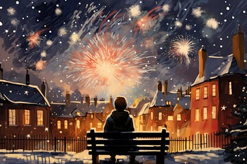 new years eve painting on a christmas scene with fireworks