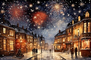Fototapeta na wymiar new years eve painting on a christmas scene with fireworks
