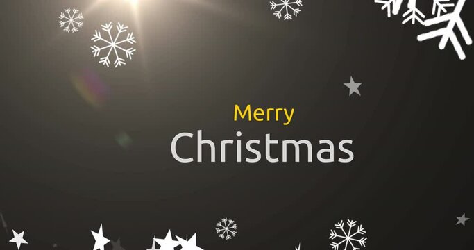 Animation of lens flares, snowflakes, merry christmas and happy new year text over black background