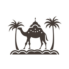 Kamel Palast und zwei Palmen in der Wüste vektor