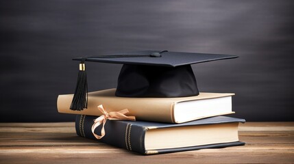 Graduation hat with books and diploma on table against white background