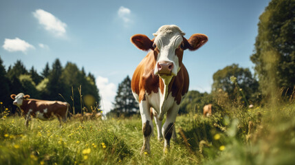 white and brown domestic cow standing on a field a sunny summer day