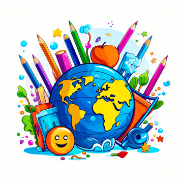 Drawing of globe surrounded by pencils and crayons.