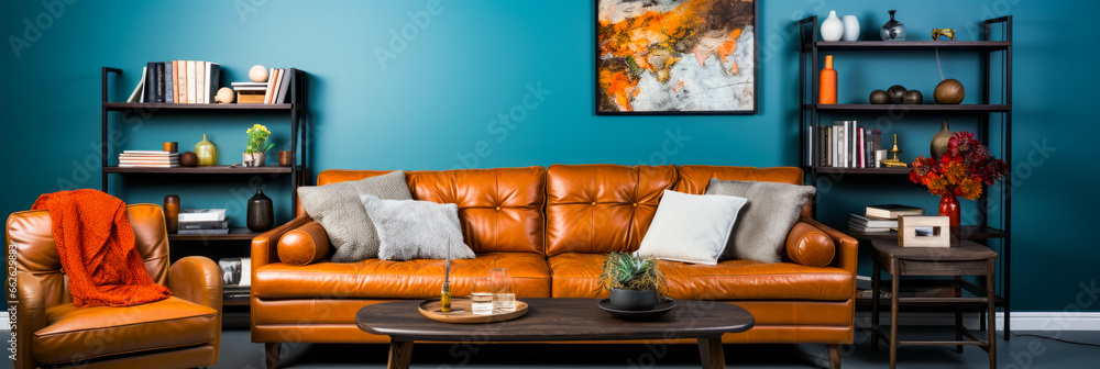 Sticker Living room with leather couch and coffee table.