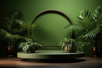 Obraz premium Circle podium with green tropical plants in pots and trendy shadows for product presentation