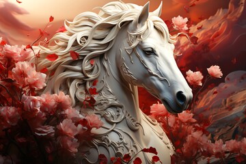 Image of white horse surrounded by red and pink flowers.