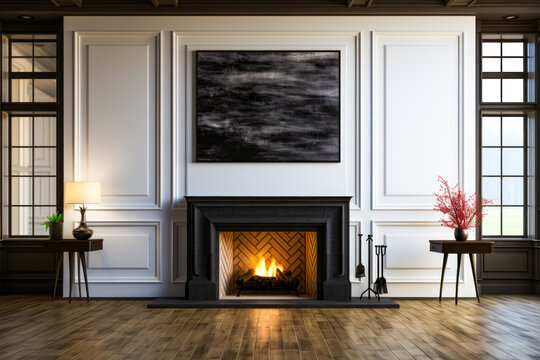 Living room with fire place and image on the wall.