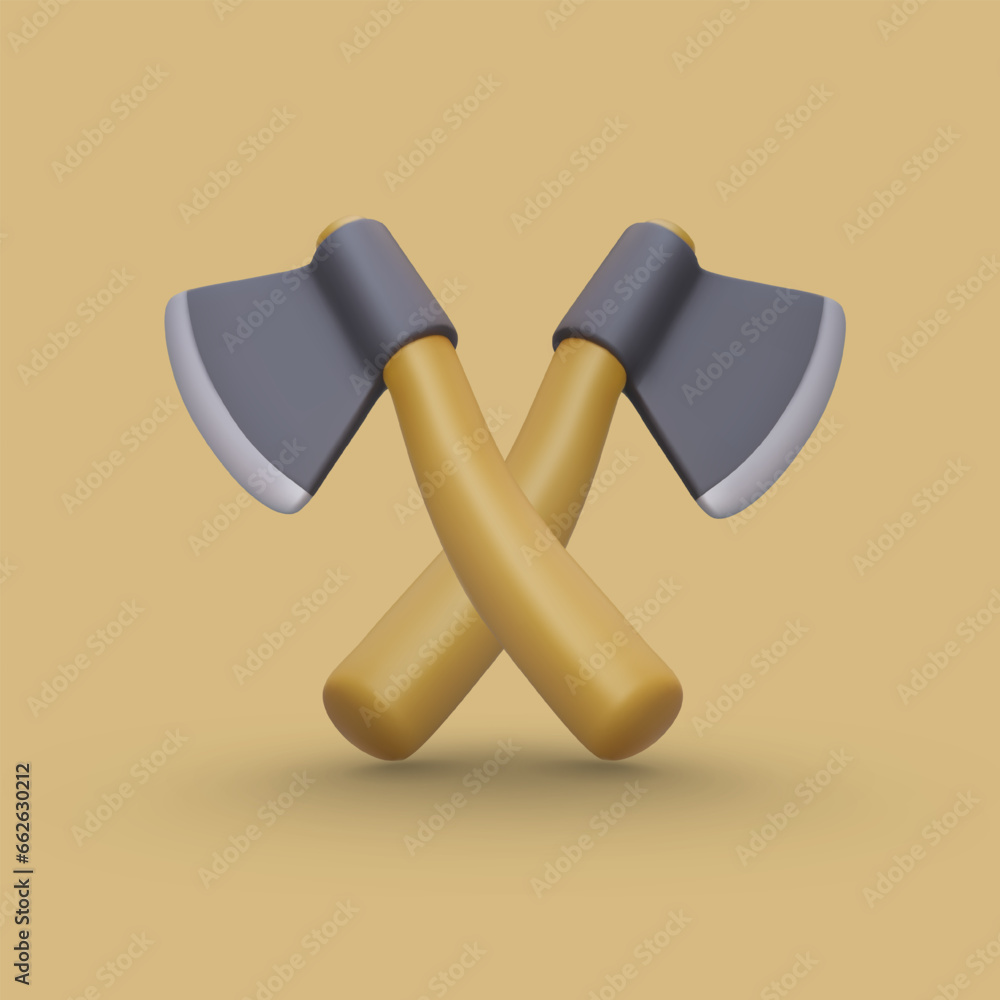 Aufkleber crossed axes. symbol of battle. 3d vector illustration with shadows. ax fight, lumberjack competitio