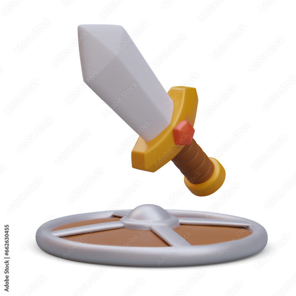 Poster realistic shield and sword with red crystal on hilt. isolated vector image. ancient melee weapon, sh