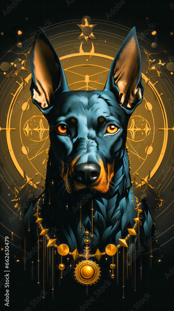 Poster Image of dog's head with orange eyes.