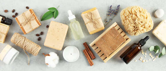 Top view photo of natural hand made soap bar and eco friendly personal care products