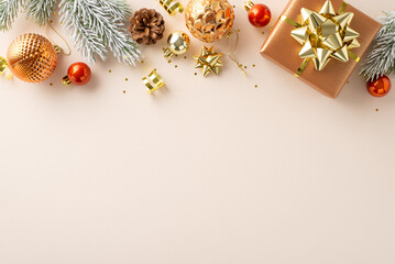 Christmas Wonders: Top-view perspective of present, shimmering orange and gold ornaments, pine...