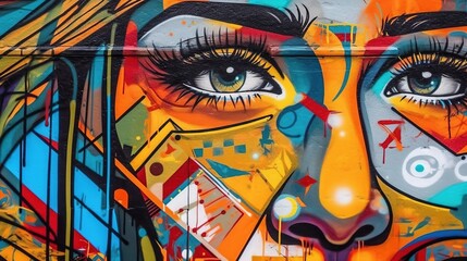 Urban street art, face of a girl. Fantasy concept , Illustration painting. - obrazy, fototapety, plakaty