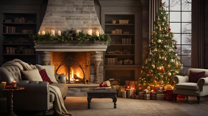 Muurstickers Cozy living room with fireplace and festive Christmas tree © Matthias