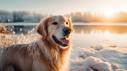 Happy golden retriever dog lying in front of a frozen lake on a beautiful winter day in a snow landscape - obrazy, fototapety, plakaty