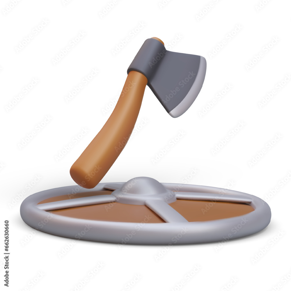 Aufkleber poster with 3d elements for online computer games. steel arms and shield for protection concept. wea