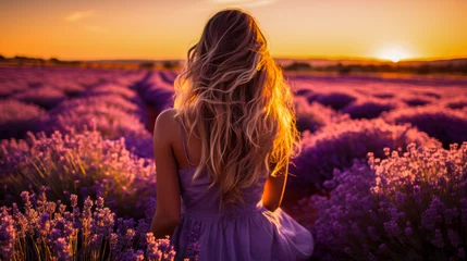 Tuinposter Woman standing in field of lavender flowers at sunset. © valentyn640