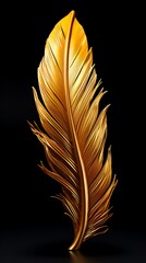 Close up of golden feather on black background.
