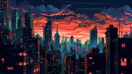 Urban skyline at night. Fantasy concept , Illustration painting.