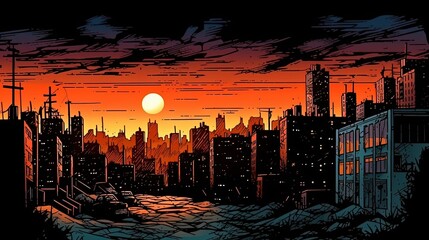 Urban skyline at night. Fantasy concept , Illustration painting.