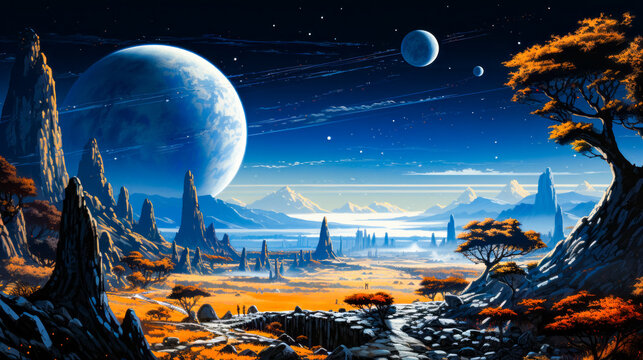 Image of alien landscape with mountains and planets in the background.