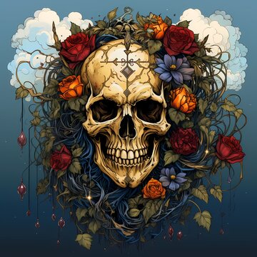 Image of skull with flowers on it's head.