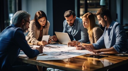 A group of creative business people come together to propose ideas for team projects.