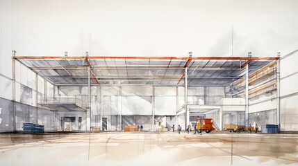 Architectural drawing of a large modern warehouse, unfinished sketch, rough watercolor. - obrazy, fototapety, plakaty