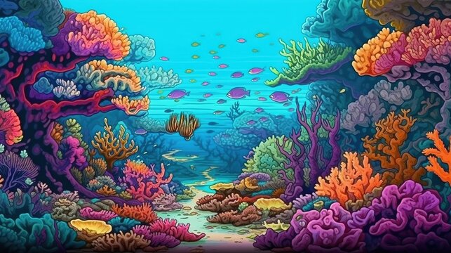 Underwater coral reef ecosystem. Fantasy concept , Illustration painting.