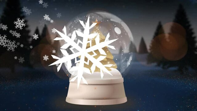 Animation of snowflakes, lens flares around tree in glass sphere against trees on snow covered land