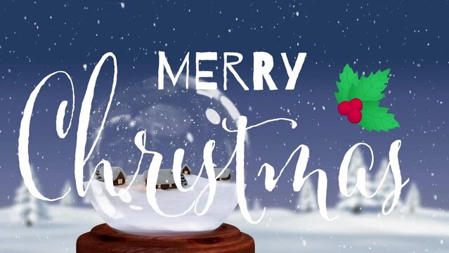 Animation of merry christmas text, snow covered houses in glass sphere against snow covered trees
