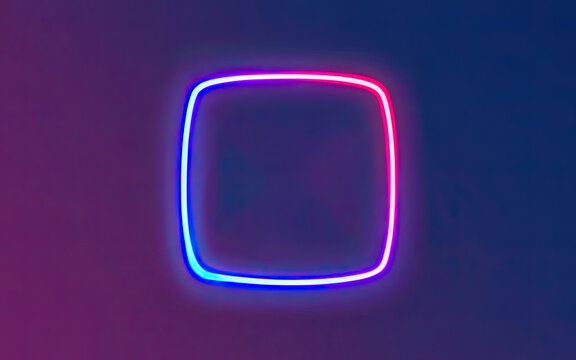 Neon rounded square frame with shining effects on dark background with Generative AI.