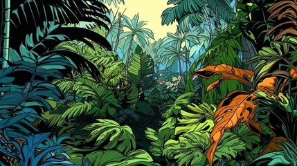 Tropical rainforest vegetation. Fantasy concept , Illustration painting.