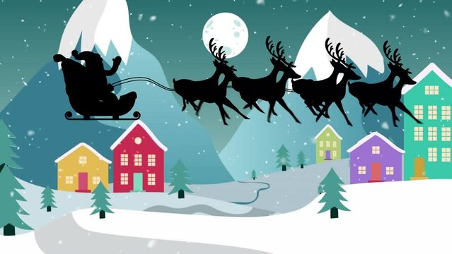 Animation of snow falling over santa claus in sleigh pulled by reindeers and winter landscape