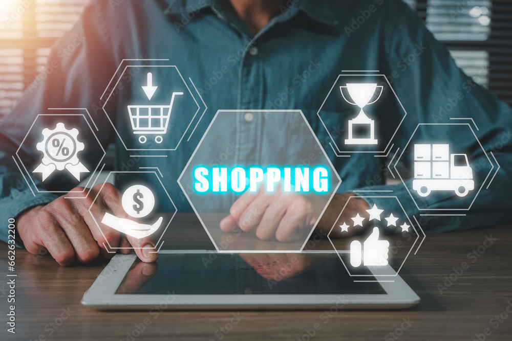 Poster shopping concept, person hand typing on keyboard computer with shopping icon on virtual screen.