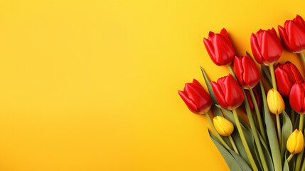 Red tulips on yellow background Womens day