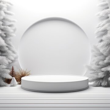 Simple round podium with fir trees on background