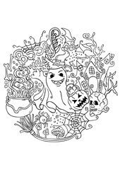 Happy Halloween black line drawing illustration in the doodle style