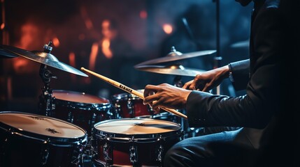 A musician holding a drum stick is playing a song. Music program. Concert stage background. - obrazy, fototapety, plakaty