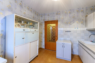 interior apartment kitchen and dining room, refectory area, cooking equipment, table furniture, stove